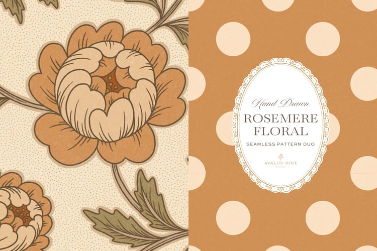 Vintage-inspired seamless surface pattern featuring hand drawn stylized floral climbing roses with a matching polka dot in orange and green