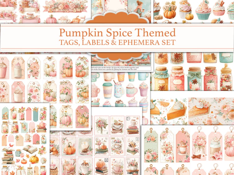 Pumpkin Spice Themed Tags, Labels & Ephemera Set product mockup showing an array of printable autumn-themed junk journal pages featuring cozy watercolor treats, tags, labels, and decorative cards.