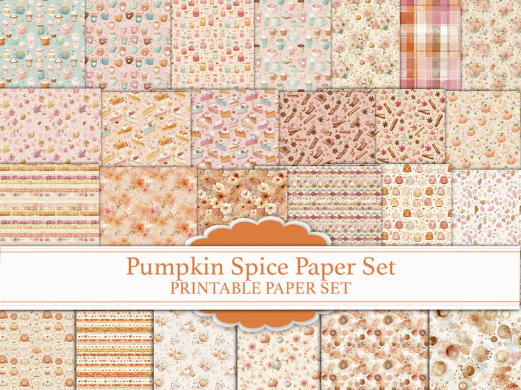Pumpkin Spice Paper Set printable cover image displaying a grid mockup of all 25 cozy, watercolor autumn-patterned papers.