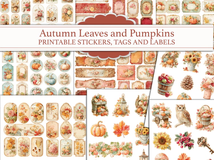 Autumn Leaves and Pumpkins Printable Stickers, Tags and Labels set cover preview showcasing an assortment of vintage printable fall ephemera including tags, labels, fussy cuts, and decorative cutouts.