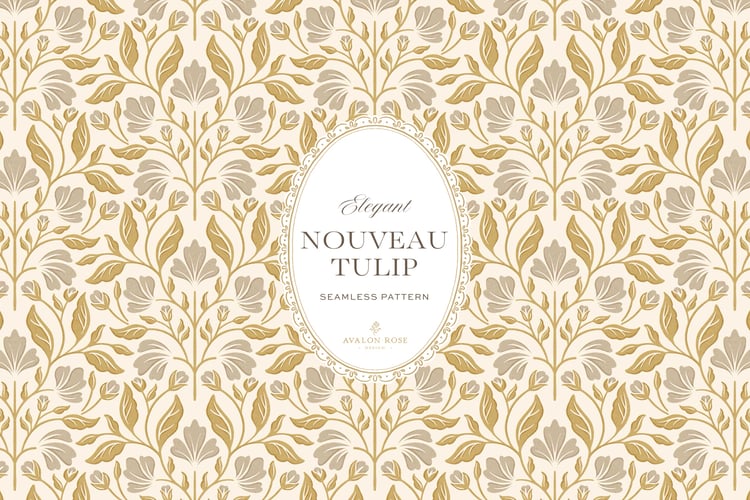 Seamless surface pattern featuring a floral design inspired by Art Nouveau in gold and gray