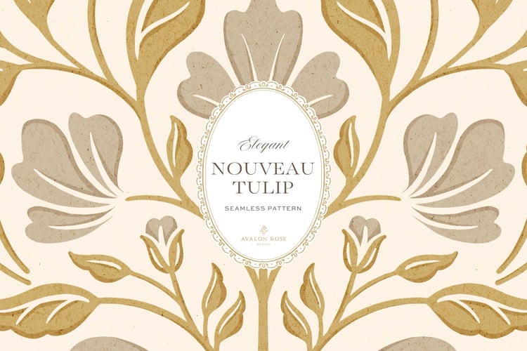 Seamless surface pattern featuring a floral design inspired by Art Nouveau in gold and gray