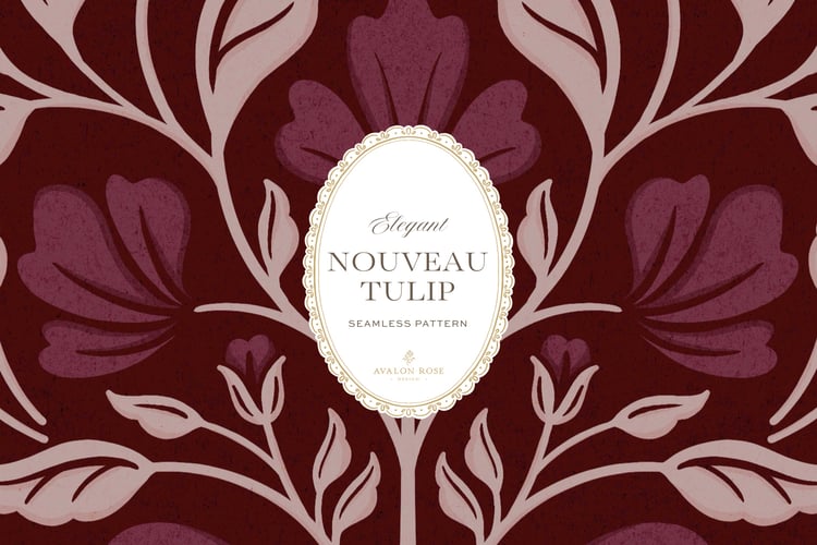 A seamless surface pattern featuring stylized tulips and florals in a symmetrical damask design inspired by Art Nouveau motifs in a dark and moody burgundy