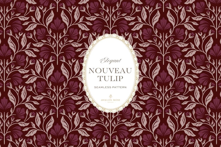 A seamless surface pattern featuring stylized tulips and florals in a symmetrical damask design inspired by Art Nouveau motifs in a dark and moody burgundy