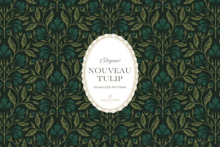 A seamless surface pattern featuring stylized tulips and florals in a symmetrical damask design inspired by Art Nouveau motifs in dark hunter green