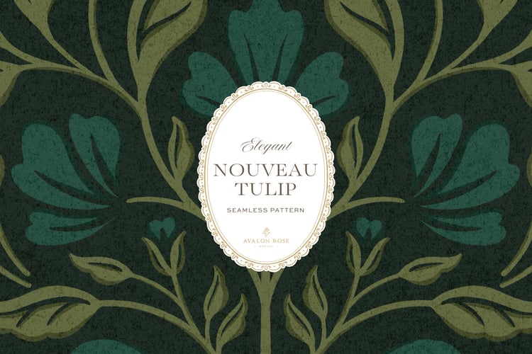 A seamless surface pattern featuring stylized tulips and florals in a symmetrical damask design inspired by Art Nouveau motifs in dark hunter green