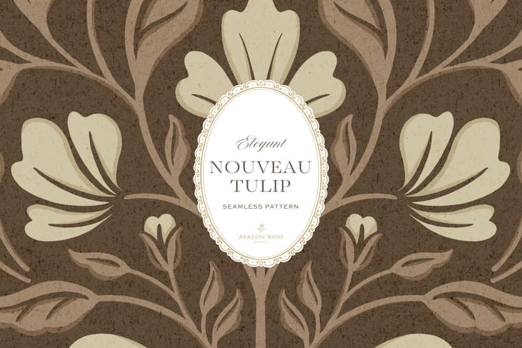 A seamless surface pattern featuring stylized tulips and florals in a symmetrical damask design inspired by Art Nouveau motifs in neutral browns and beiges