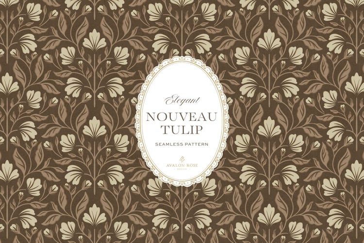 A seamless surface pattern featuring stylized tulips and florals in a symmetrical damask design inspired by Art Nouveau motifs in neutral browns and beiges