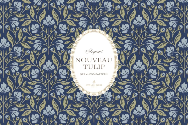 A seamless surface pattern featuring stylized tulips and florals in a symmetrical damask design inspired by Art Nouveau motifs in blues and greens