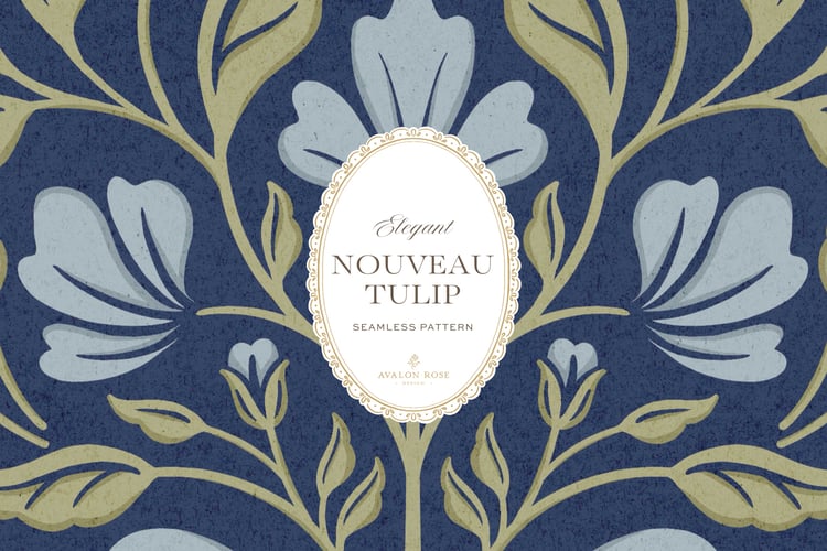 A seamless surface pattern featuring stylized tulips and florals in a symmetrical damask design inspired by Art Nouveau motifs in blues and greens