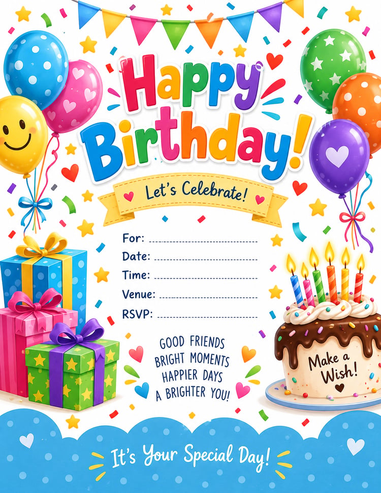 Colorful 8.5×11 birthday party printable kit with invitation, cupcake toppers, gift tags, party banner, crowns, hats, treat boxes and decorations.