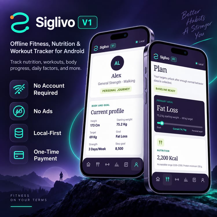 Siglivo V1 workout and nutrition tracker app showing fat loss plan, calorie target, body progress, and fitness tracking dashboard.
