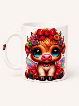 Hand-printed white ceramic mug featuring a cute fairy Highland cow with flower crown, red bow and colourful wings