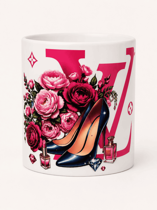 Hand-printed white ceramic mug with high heels, pink peonies, perfume details and fashion-inspired graphics
