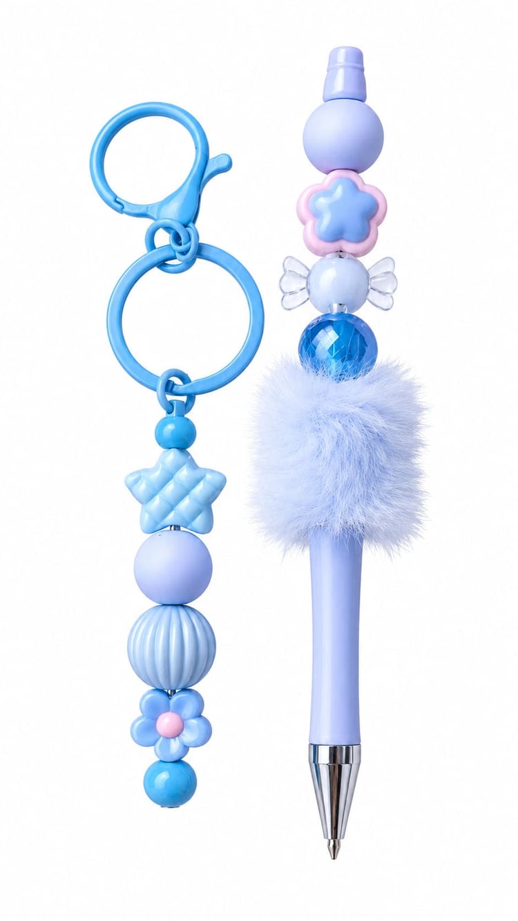 A cute pastel blue and lavender stationery set showing a matching keychain and ballpoint pen, decorated with a quilted star bead, a flower charm, a clear candy bead, and a fluffy light blue pom-pom.