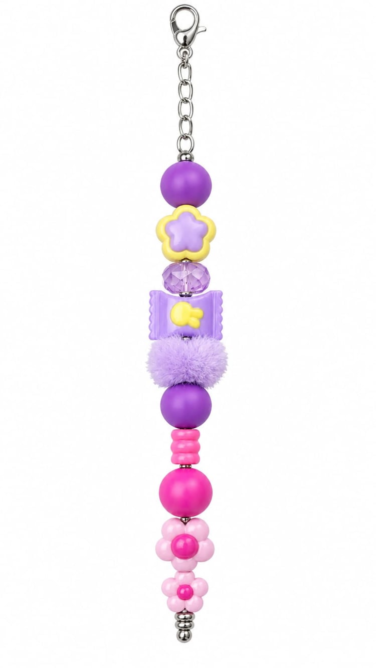A close-up view of a novelty pastel fidget charm showing stacked purple and pink silicone beads, a yellow star flower, a purple candy bead with a bunny motif, a fluffy lilac pom-pom, and two pink blossom charms on a silver clasp