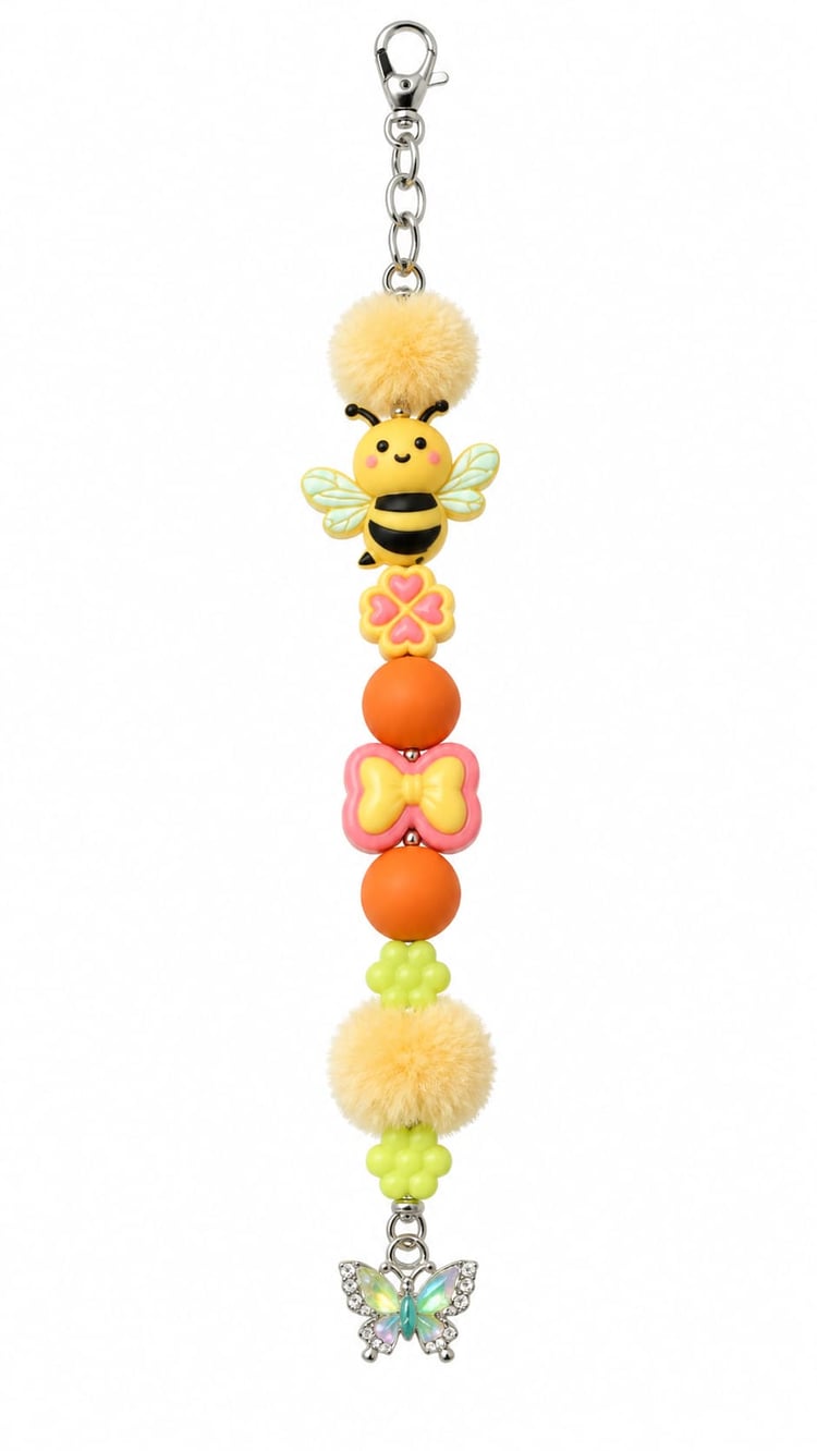 A close-up view of a novelty garden-themed fidget strap showing a silver lobster clasp, two fluffy yellow pom-poms, a smiling cartoon honey bee bead, a yellow heart-clover, a pink bow bead, orange spheres, and a rhinestone-lined butterfly charm at the bot