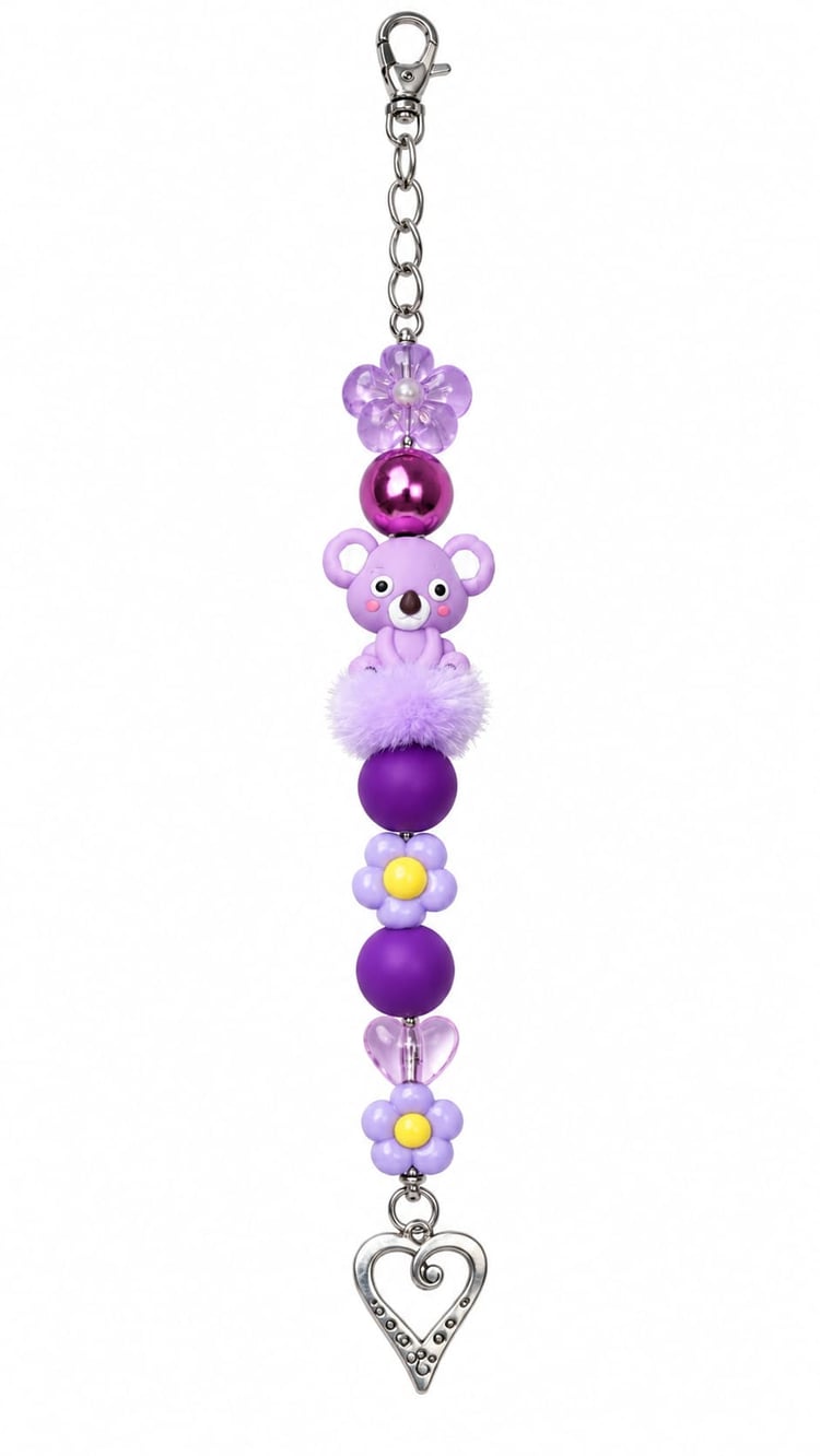 A close-up view of a novelty purple animal-themed fidget strap showing a silver lobster clasp, a clear purple flower bead, a shiny metallic magenta ball, a smiling cartoon purple koala bead, a fluffy lavender pom-pom, yellow-centered purple blossoms, matt
