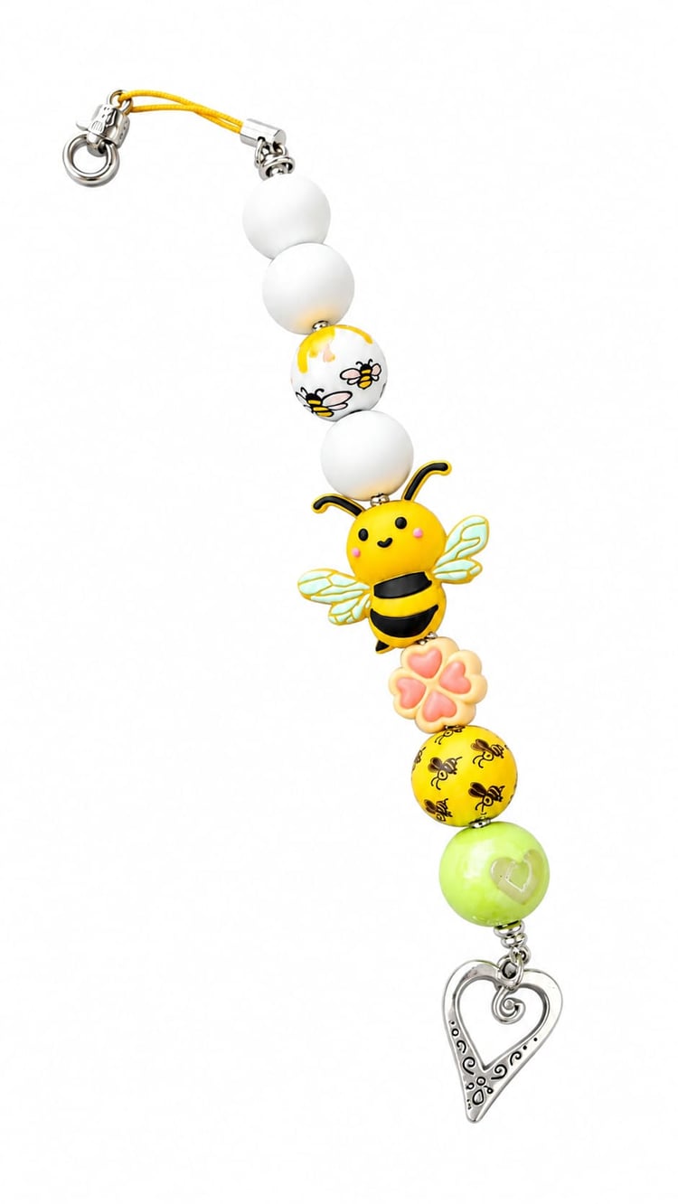 A close-up view of a novelty garden-themed fidget strap showing a yellow loop cord, a silver lobster clasp, matte white silicone beads, a bead with dripping honey and bees, a smiling cartoon bumble bee bead, a pink clover flower, a yellow bee-patterned be