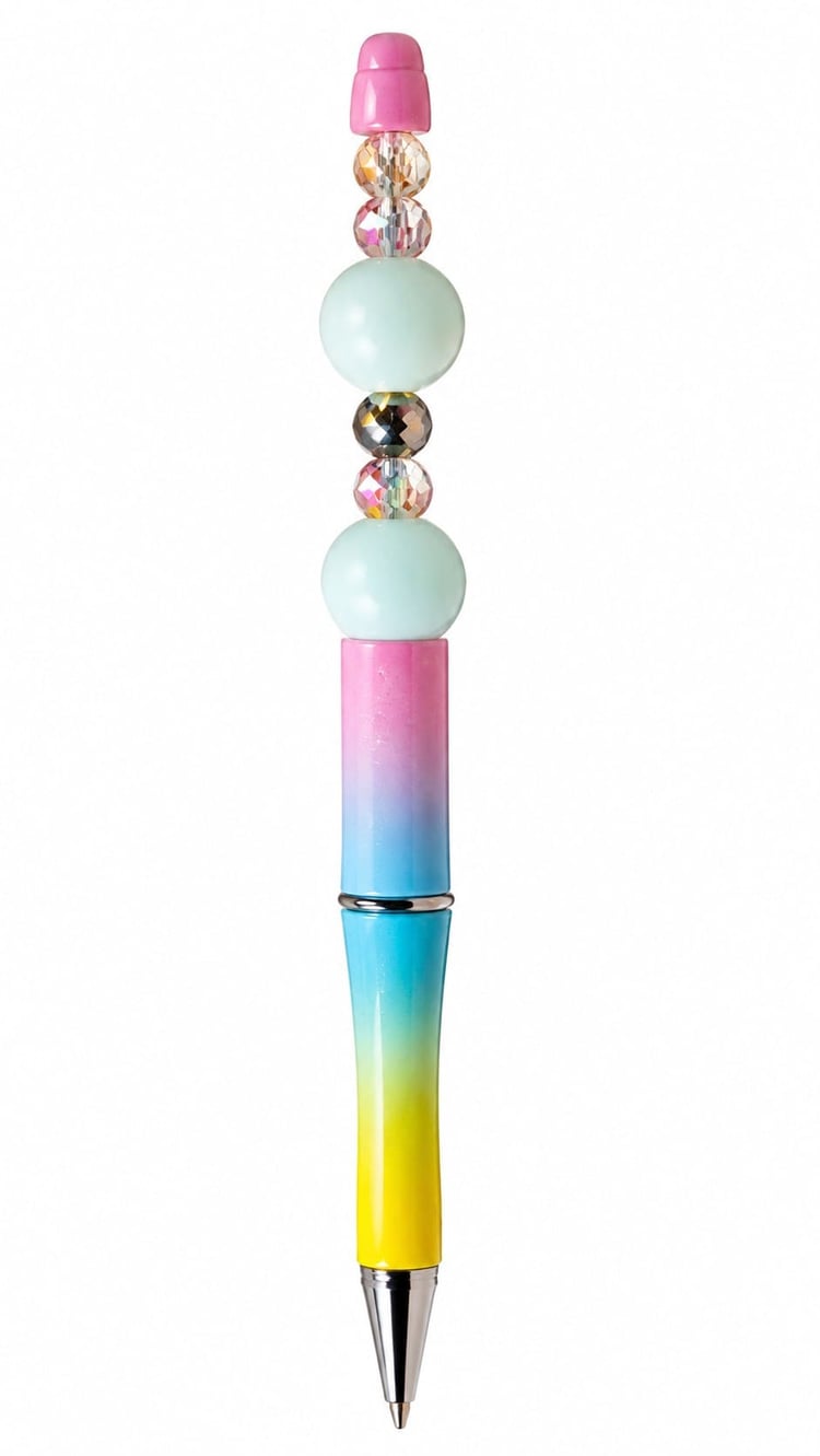 A close-up view of a custom ballpoint pen with a pink, blue, and yellow ombre glitter finish, decorated with milky pastel mint-blue beads, iridescent crystal faceted spacers, and a solid pink top cap.