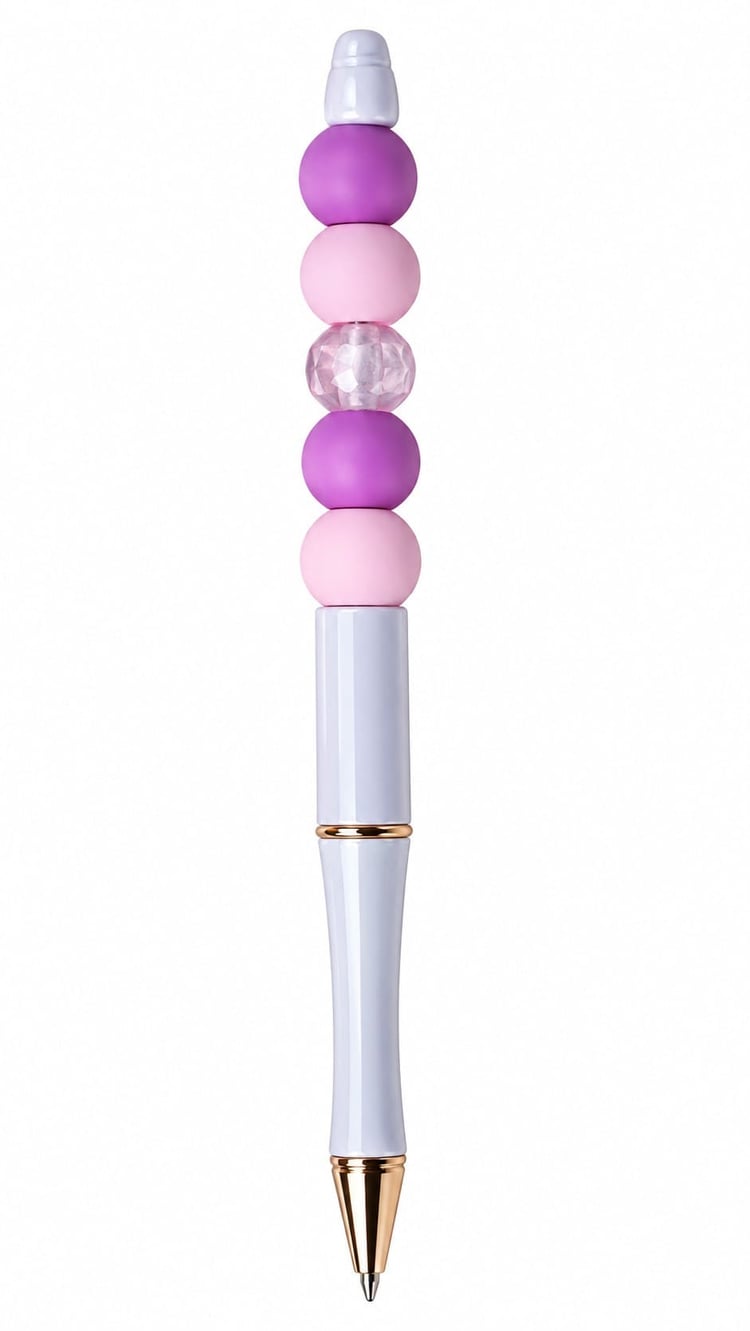 A close-up view of a custom pastel lilac ballpoint pen with high-shine gold accents, decorated with alternating matte pink and violet purple silicone beads and a translucent pink faceted crystal spacer.