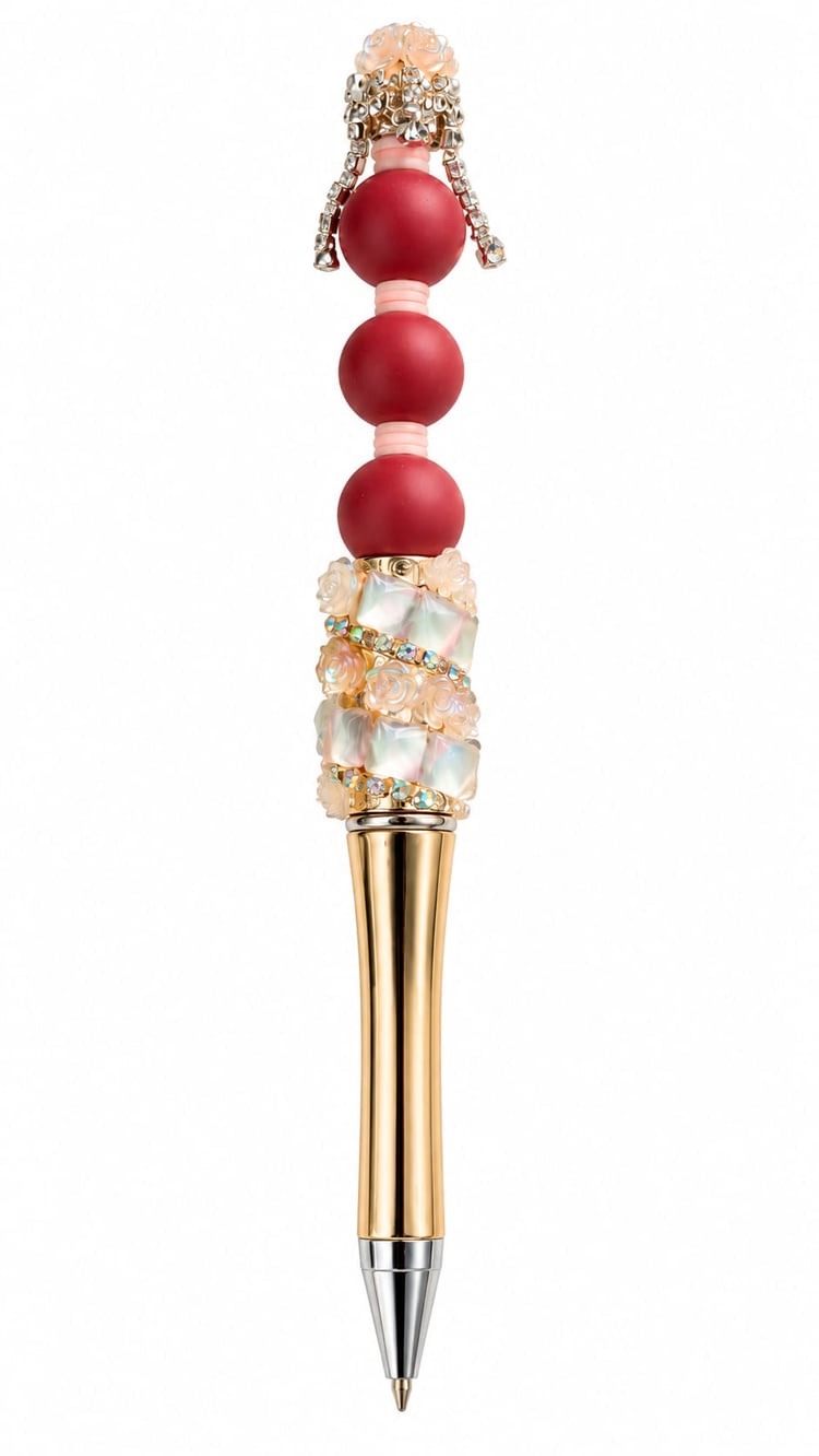 A close-up view of a luxury custom ballpoint pen with a curved metallic gold barrel, decorated with iridescent opalescent square beads, miniature peach resin roses, rows of crystals, three matte crimson red silicone spheres, and a rhinestone crown topper.