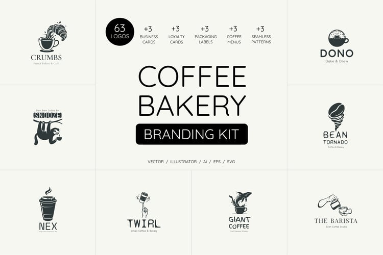 Coffee Bakery Branding Kit - 63 Vector Logos and Full Brand Identity Bundle