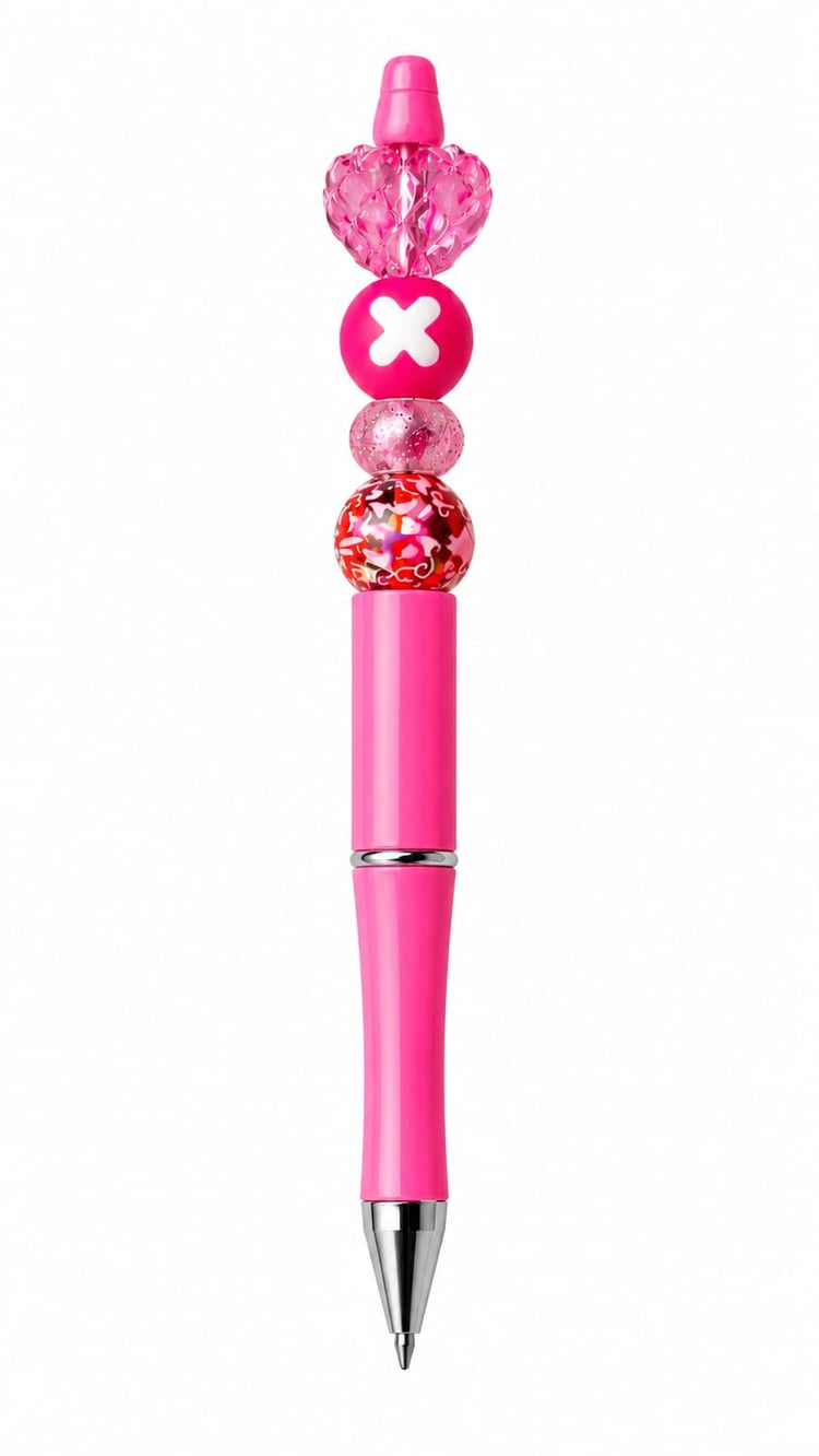 A close-up view of a custom hot pink ballpoint pen with silver trim, decorated with a colorful floral mosaic bead, a glittery pink spacer, a hot pink bead with a white X symbol, and a large faceted translucent heart topper.