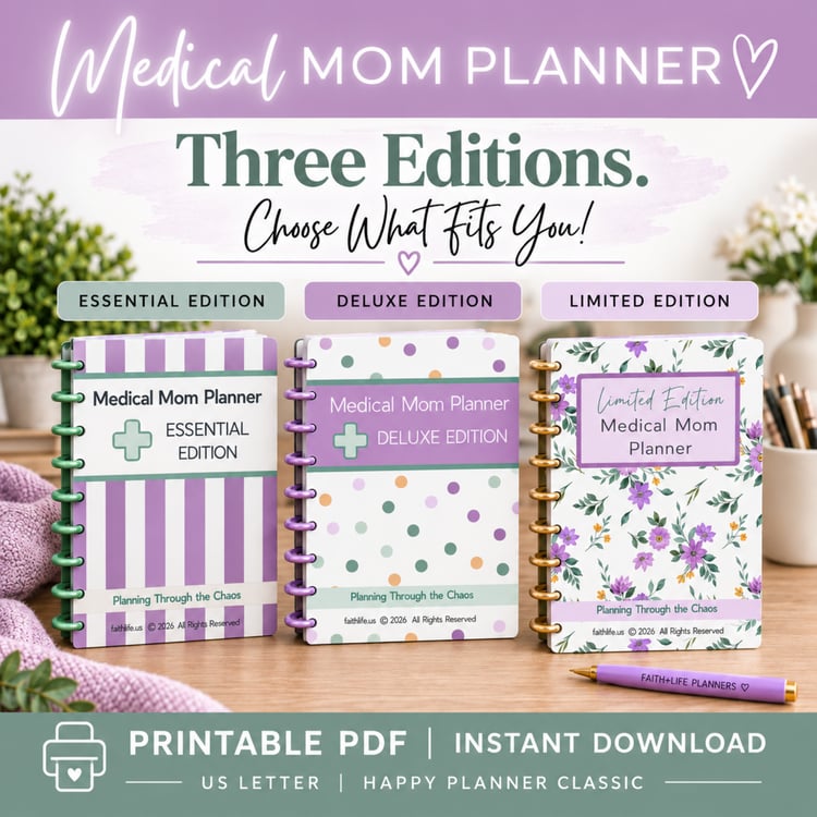 Printable Medical Mom Planner for medical moms and caregivers featuring Essential, Deluxe, and Limited Editions with faith-based planning and caregiver organization pages.