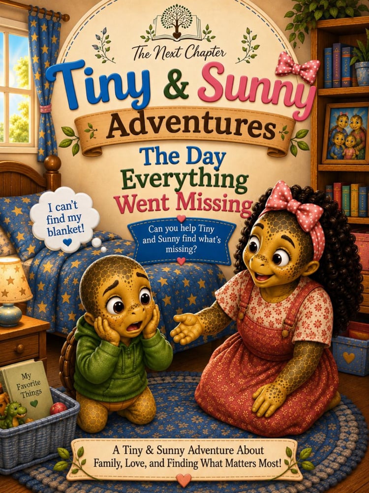 Tiny & Sunny Adventures: The Day Everything Went Missing children's printable story featuring Tiny and Sunny in a cozy bedroom.