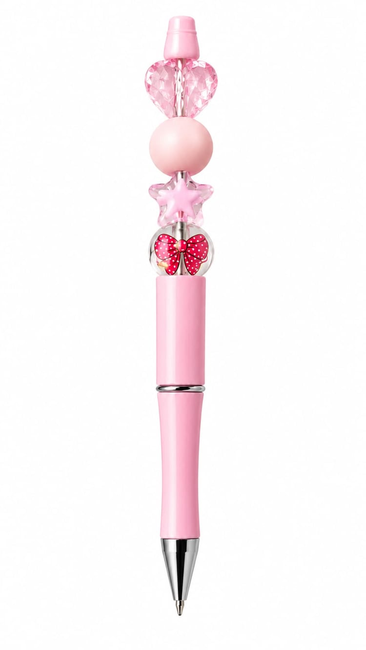 Handmade pink beaded pen with faceted heart, pastel pink bead, star and bow details
