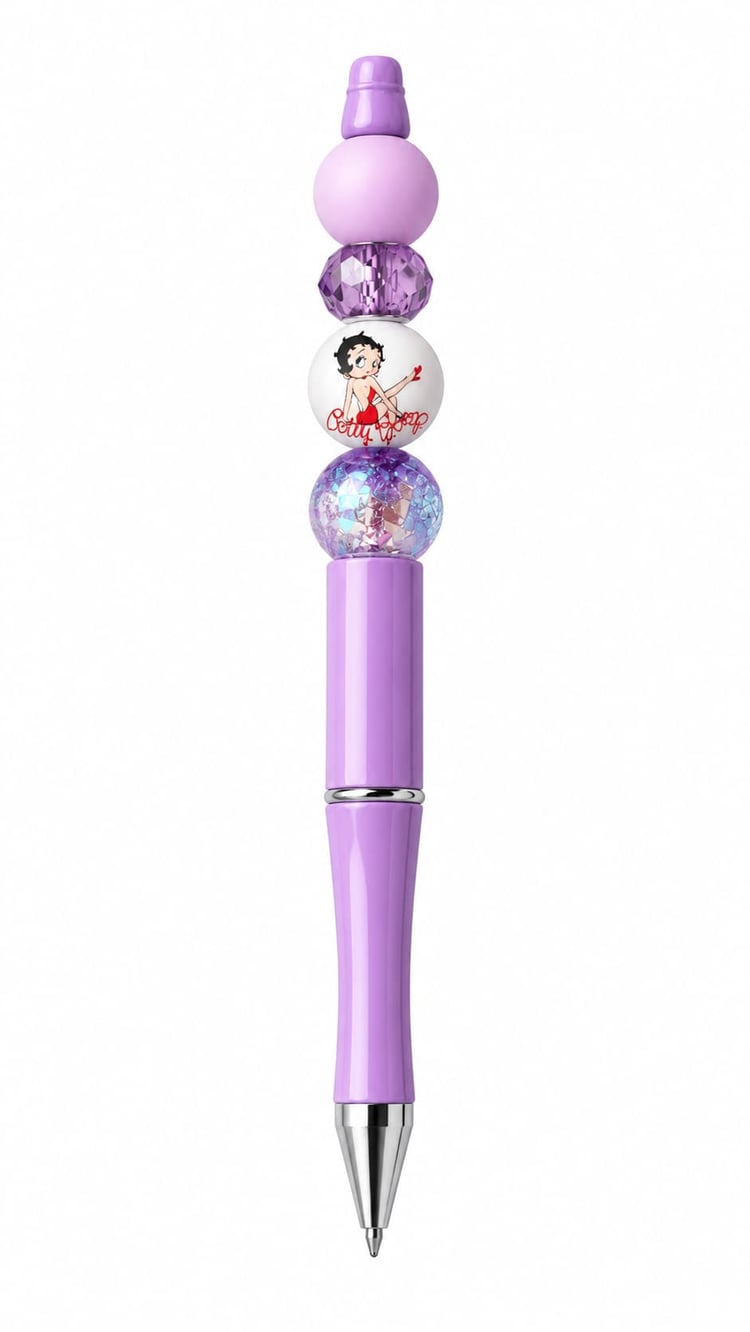 Handmade Betty Boop purple beaded pen with lavender, faceted purple and iridescent decorative beads