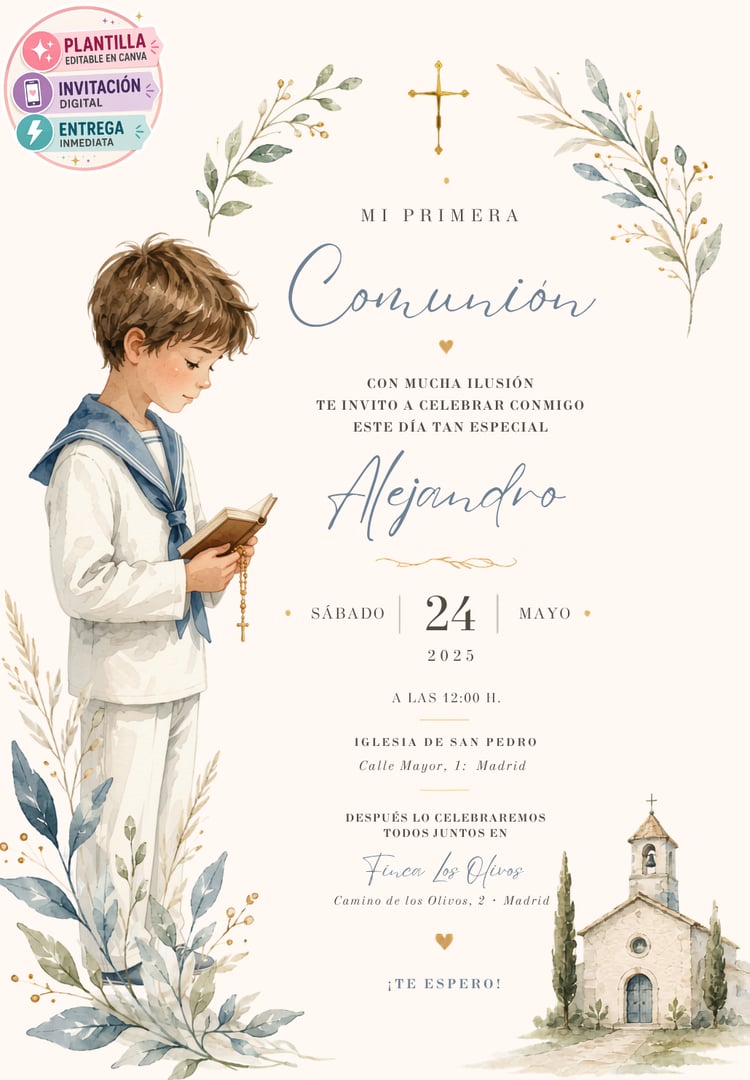 Invitación Primera Comunión Niño Acuarela