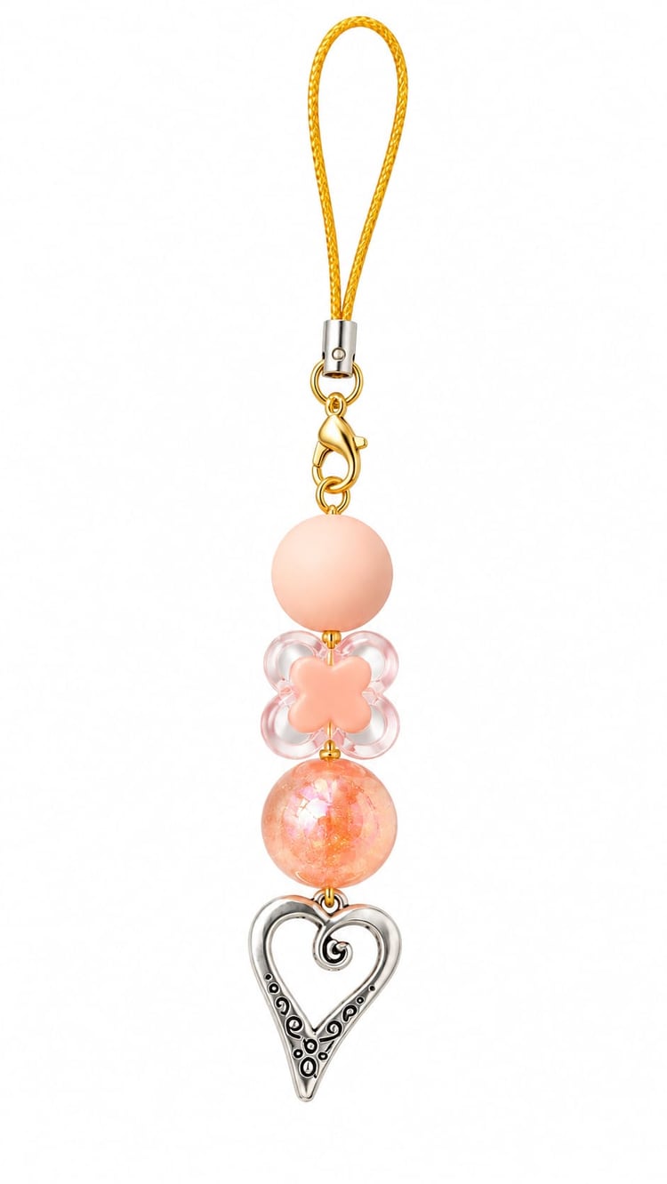 A top-down product shot of a vertical beaded phone strap keychain against a white background. The strap features a bright golden cord, a gold lobster clasp, a matte pastel peach round bead, a clear pink four-leaf acrylic flower bead, a translucent peach g