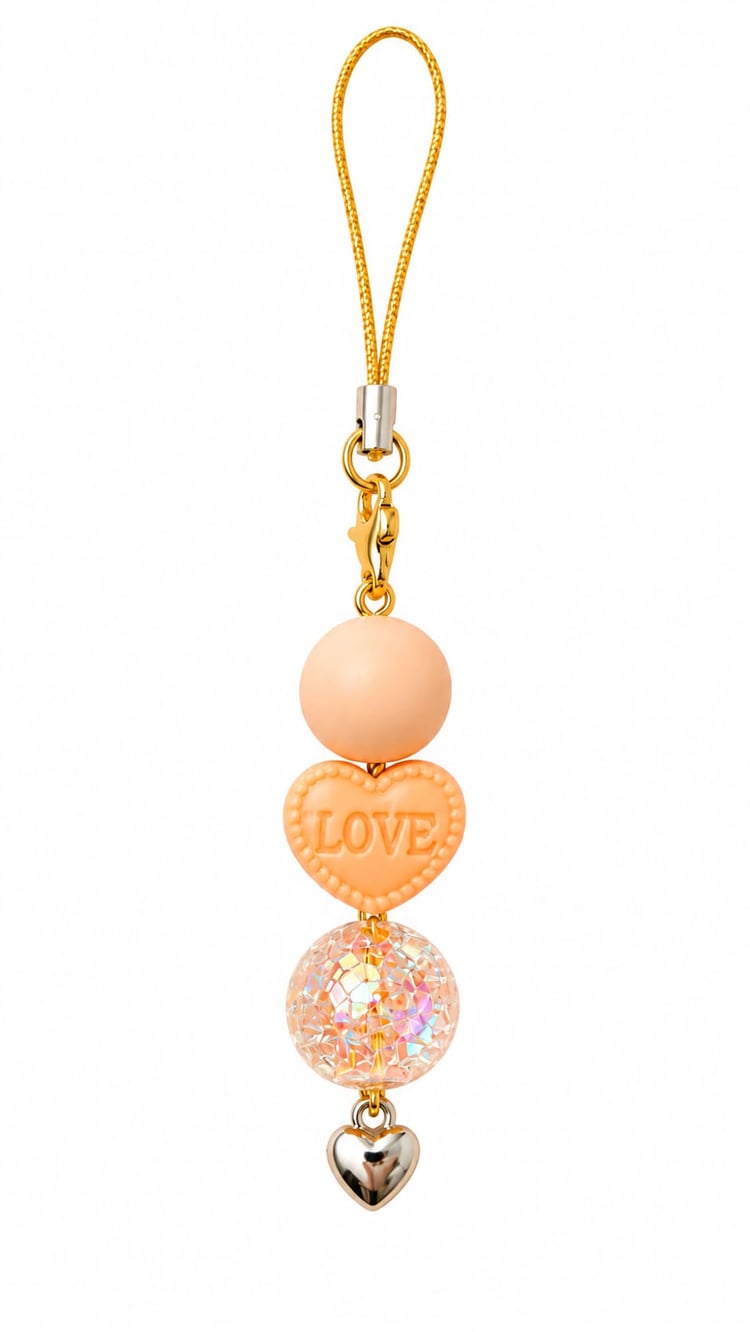 A top-down product shot of a vertical beaded phone strap keychain against a white background. The strap features a bright golden cord, a gold lobster clasp, a matte pastel peach round bead, a matching peach heart bead embossed with the word "LOVE" inside