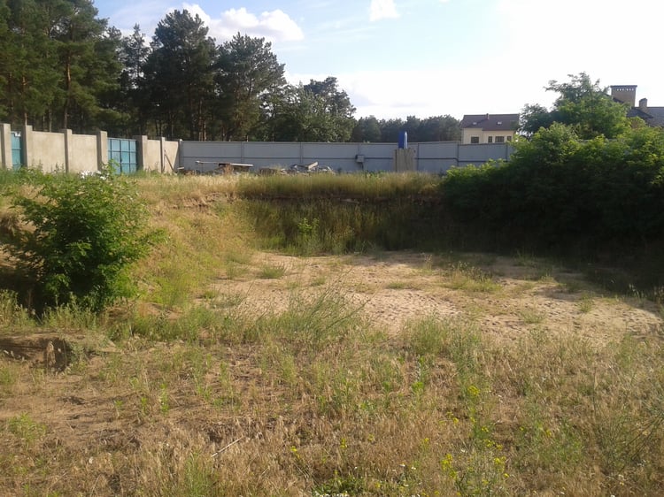 Existing overgrown excavation on a 4,000 m² private garden site before construction of the natural swimming pond.
