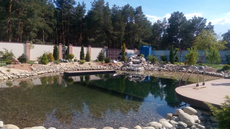 Natural swimming pond construction stages showing the deck framework, shallow regeneration zone, filled pond and completed landscaped water feature in a private garden.