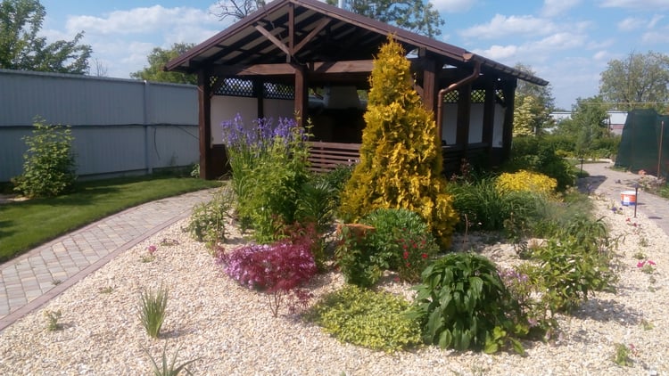 Garden gazebo and barbecue area surrounded by ornamental shrubs, conifers and flowering perennials in a private landscape project.