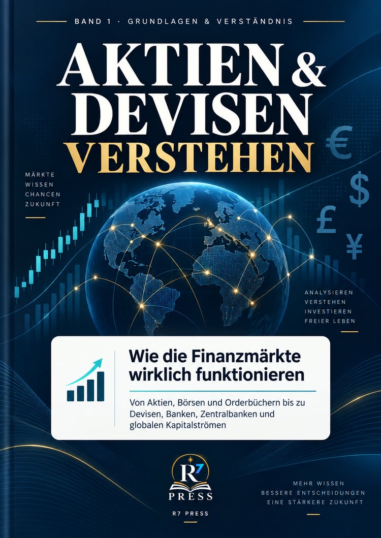 Buchcover „Aktien & Devisen verstehen“ von R⁷ Press mit Weltkugel, Börsenchart und Währungssymbolen.