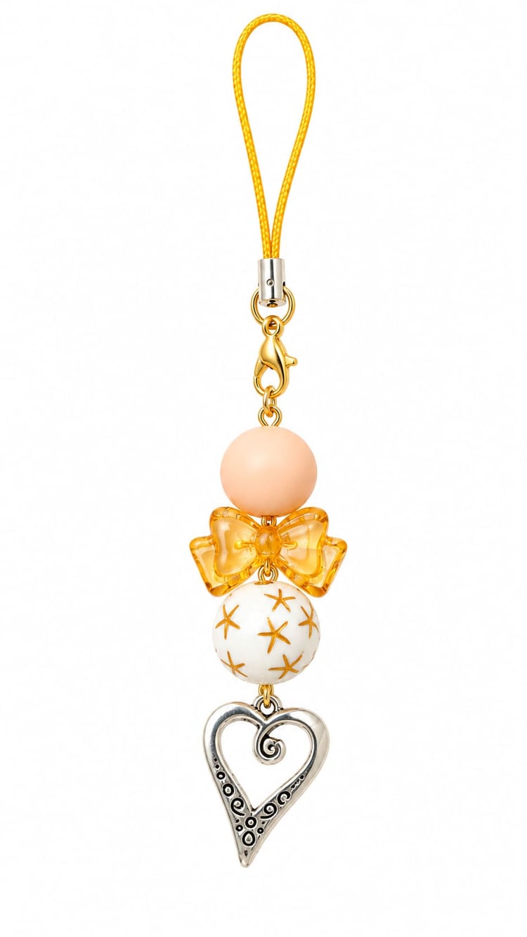 . The strap features a bright golden cord, a gold lobster clasp, a matte pastel peach round bead, a clear amber orange resin bow bead, a smooth white globe bead painted with tiny gold star bursts, and a stylized silver open-heart charm decorated with intr