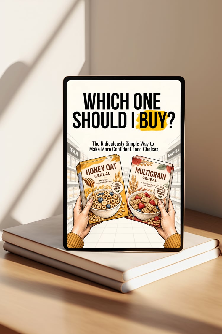 Cover of Which One Should I Buy?, a practical food-label guide for making more confident grocery-store choices, displayed on a tablet mockup.