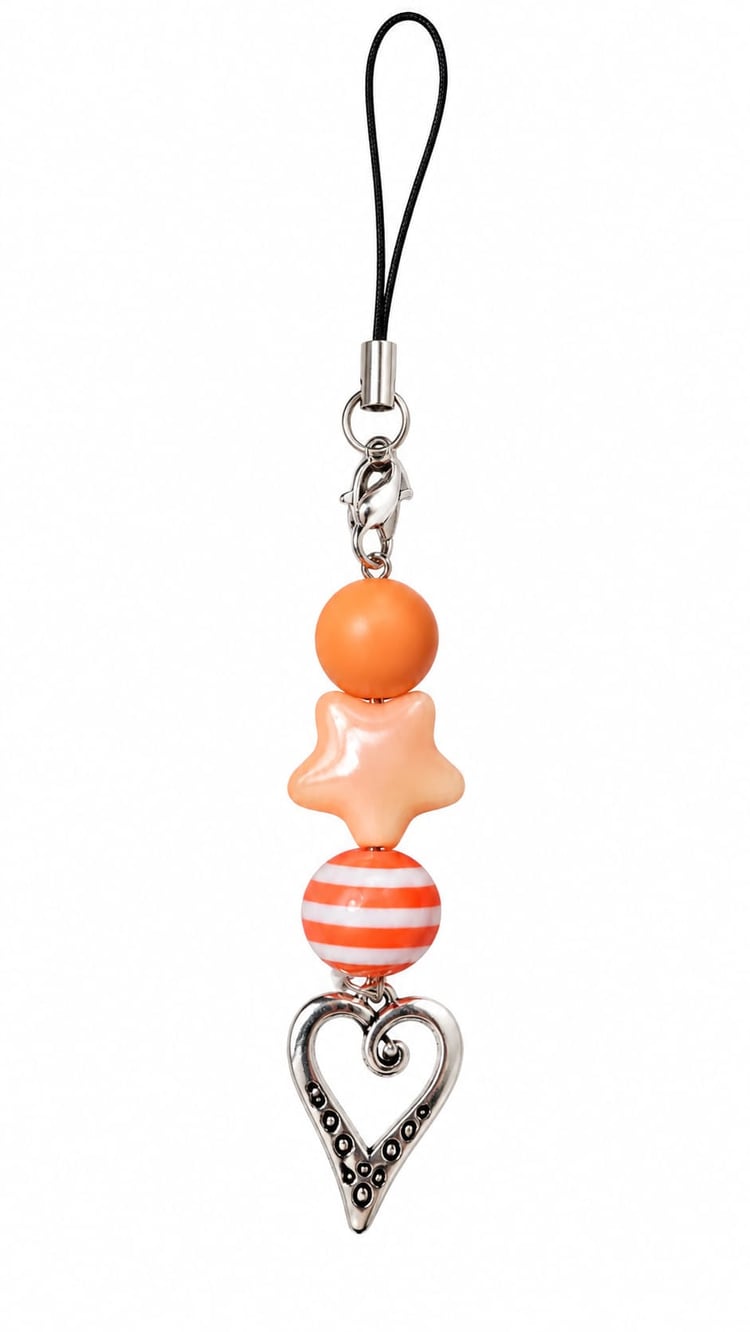A top-down product shot of a vertical beaded phone strap keychain against a white background. The strap features a black braided cord, a silver lobster clasp, a matte pastel orange round bead, a pearlescent soft orange 3D star bead, a vibrant orange and w