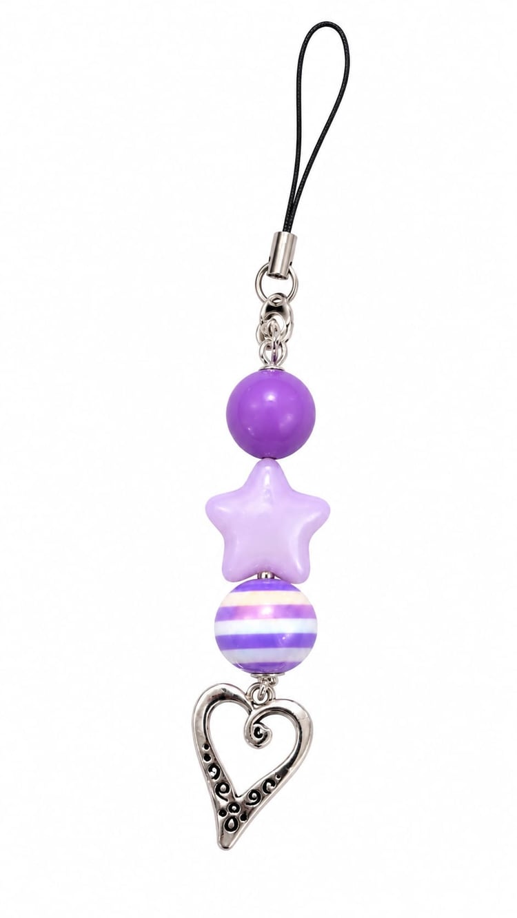 A top-down product shot of a vertical beaded phone strap keychain against a white background. The strap features a black braided cord, a silver lobster clasp, a shiny bright purple round bead, a pearlescent soft lavender 3D star bead, a vibrant purple and