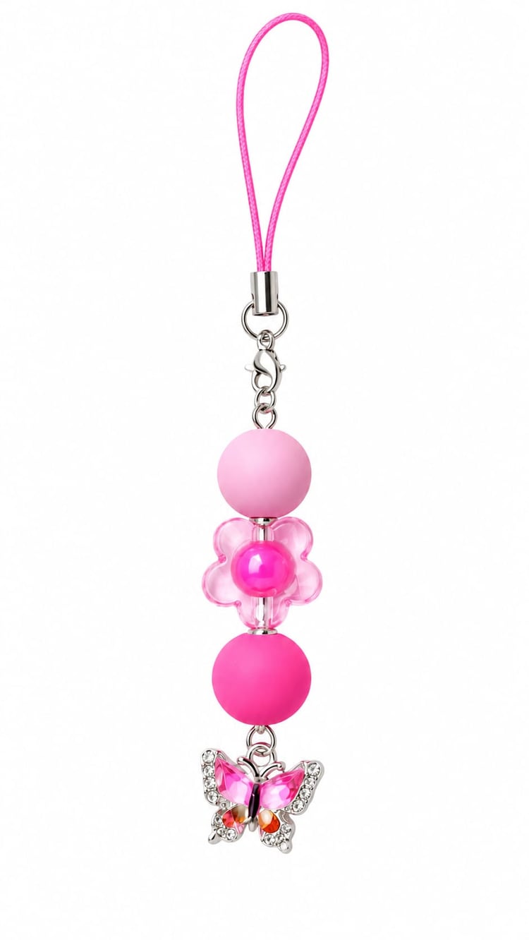 A top-down product shot of a vertical beaded phone strap keychain against a white background. The strap features a bright pink braided cord, a silver lobster clasp, a matte pastel pink round bead, a clear pink acrylic five-petal flower bead with a hot pin