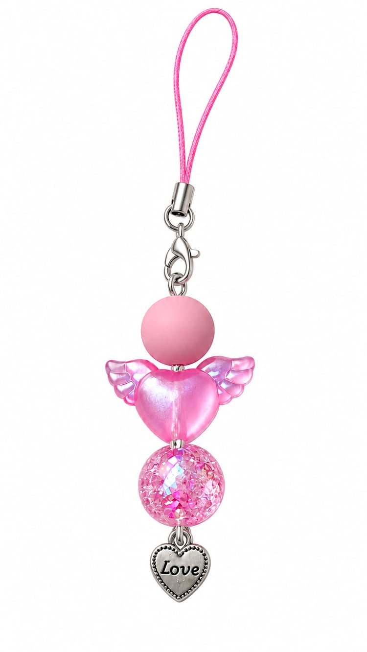 A top-down product shot of a vertical beaded phone strap keychain against a white background. The strap features a bright pink braided cord, a silver lobster clasp, a large matte pastel pink round bead, a semi-translucent bright pink heart bead flanked by