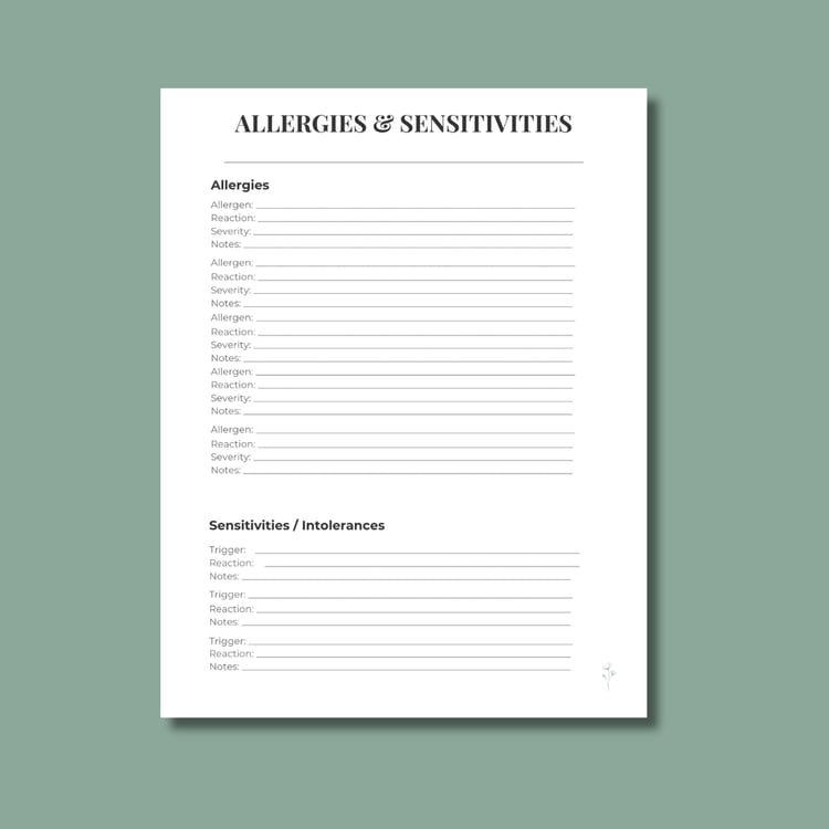 Printable Allergies and Sensitivities Tracker page with sections to record triggers, reactions, symptoms, dates, and notes in a simple caregiver‑friendly layout.