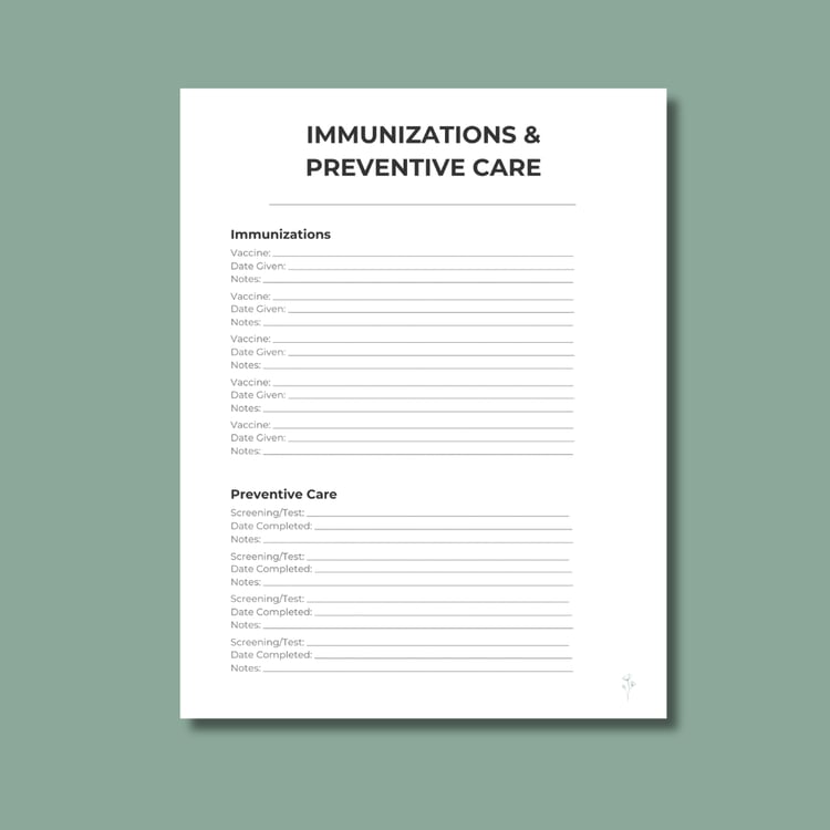 Printable Immunizations and Preventive Care tracker page with sections for vaccines, dates, preventive screenings, and notes in a simple caregiver‑friendly layout.