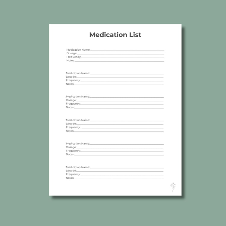 Printable Medication List page with sections to record medication names, dosages, schedules, prescribing providers, and notes in a simple caregiver‑friendly layout.