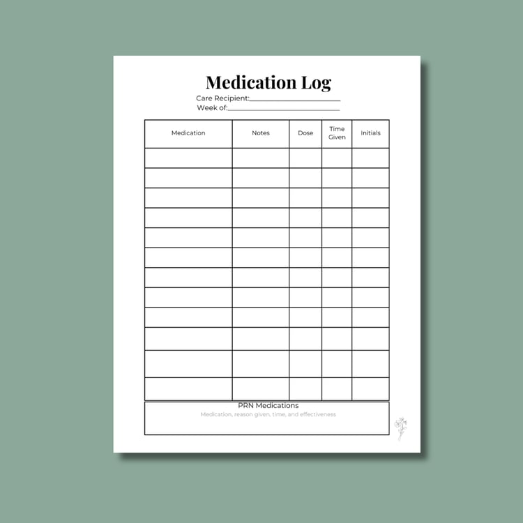 Printable Medication Log page with sections for medication name, dose, time given, notes, and caregiver initials in a simple caregiver‑friendly layout.