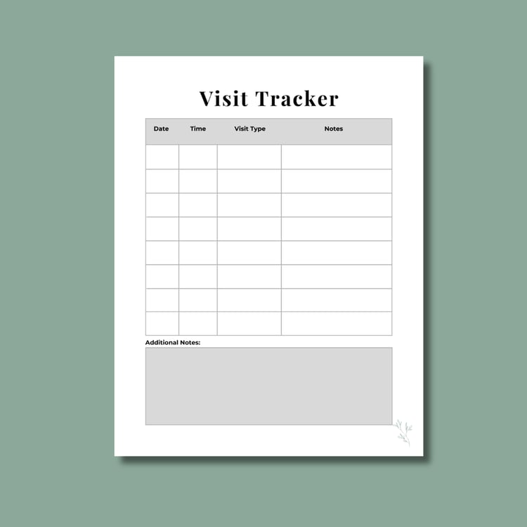 Printable Visit Tracker page with sections for date, time, visit type, and notes in a simple caregiver‑friendly layout